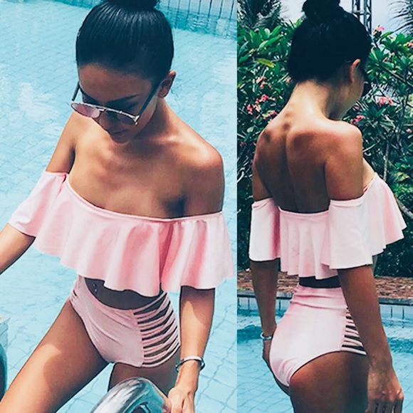 👙Pink Off the Shoulder High Waisted Bikini👙 - Picture 2 of 8